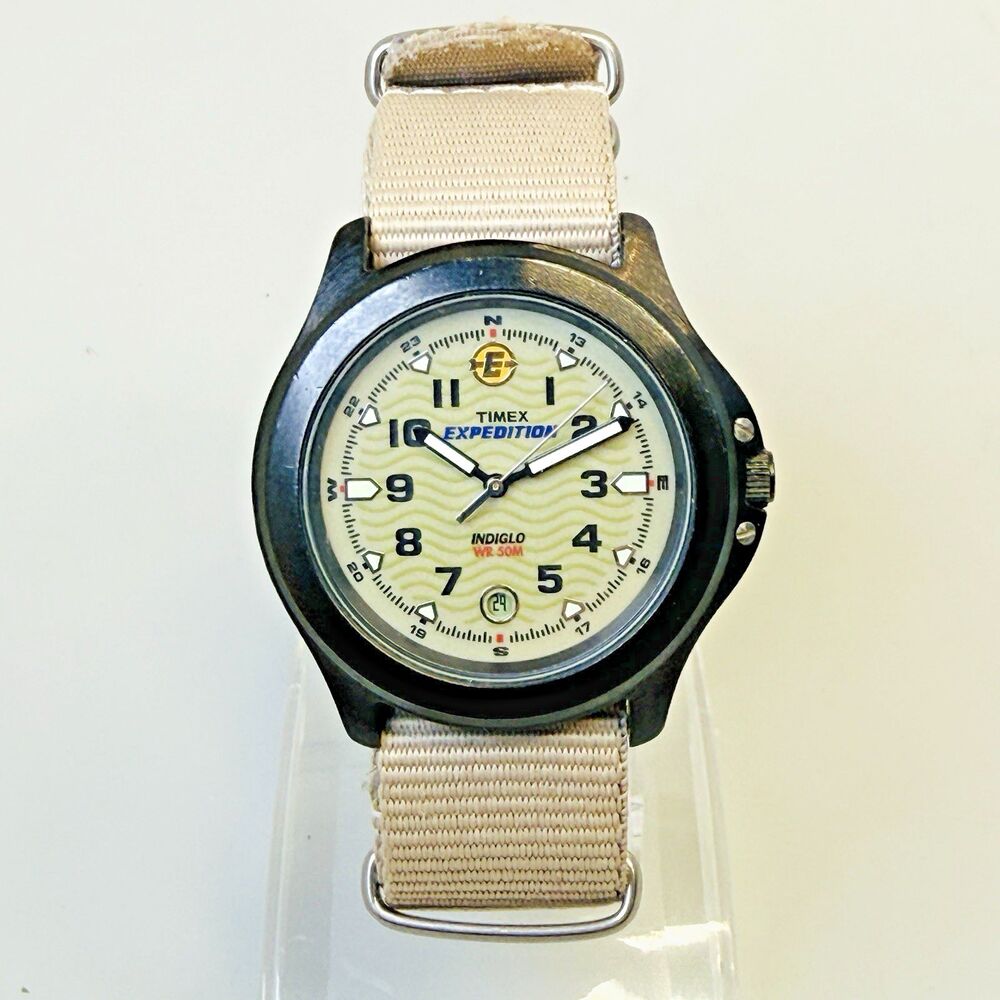 Vintage Timex Expedition Mens Stainless Steel Watch Indiglo Tan Nylon Band EUC